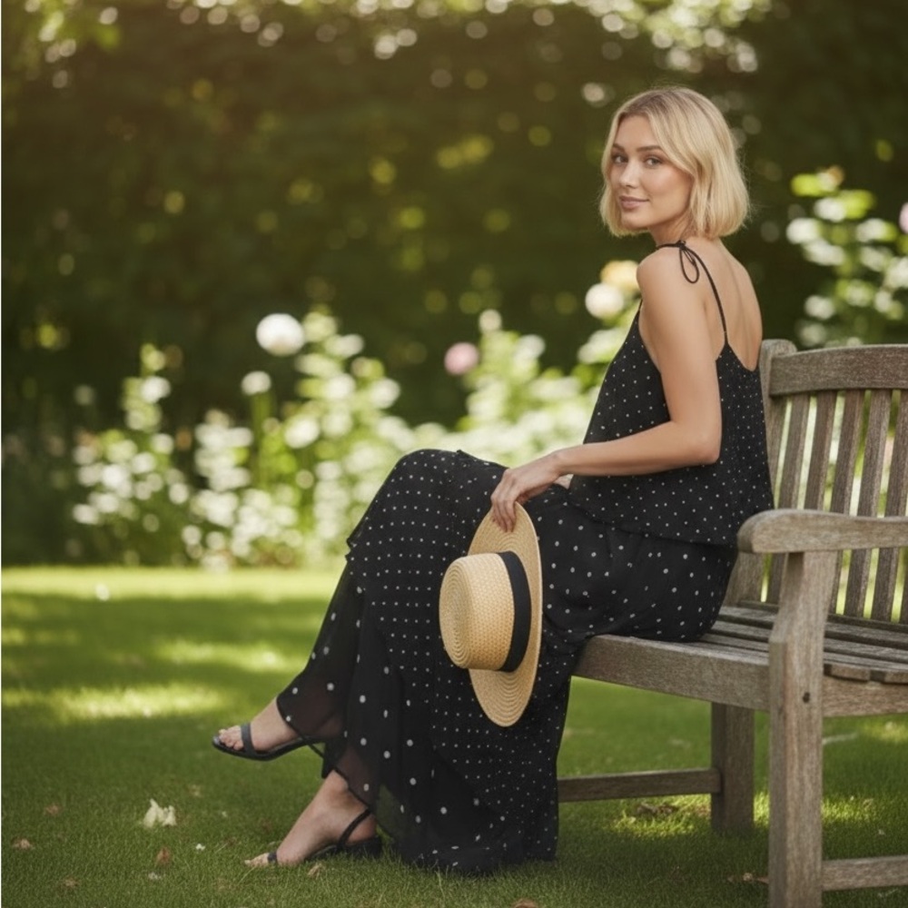 NWT ANINE Bing Daisy Polka Dot Tiered Maxi Dress Black White Size S